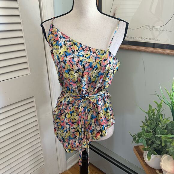 JOIE Womens Top Yarok Camisole Caviar Floral Asymmetric Belted Spring LARGE - Picture 1 of 9